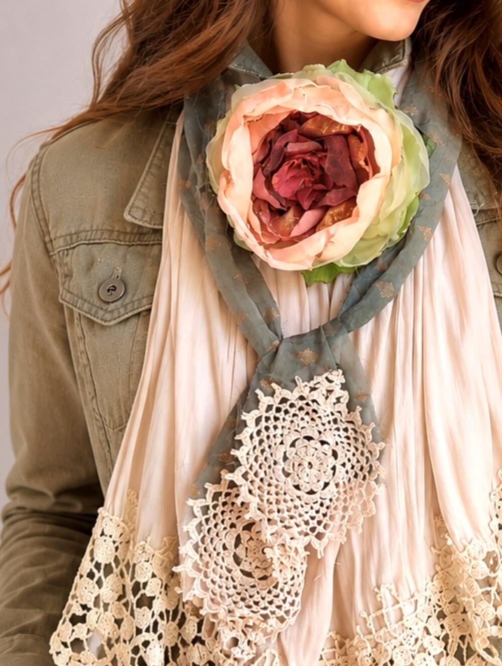 Cottage Jabot Silk Romantic Flower Fabric Rose Camellia Bowtie Antique Lace